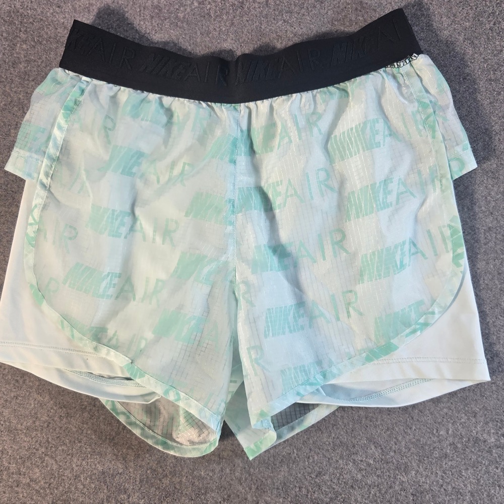 Nike Air Womens 2-in-1 Running Shorts Light Blue Green Logo XS *flaw